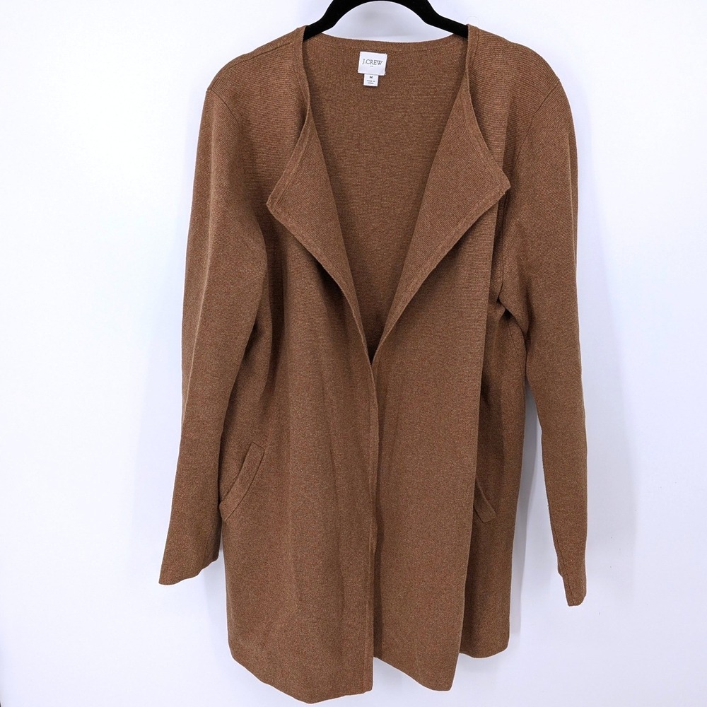 J‎ Crew Cardigan Sweater Women Medium Brown Open Front Knit Pockets Longline